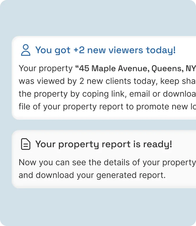 Notifications reading 'You got +2 new viewers today' and 'Your property report is ready'