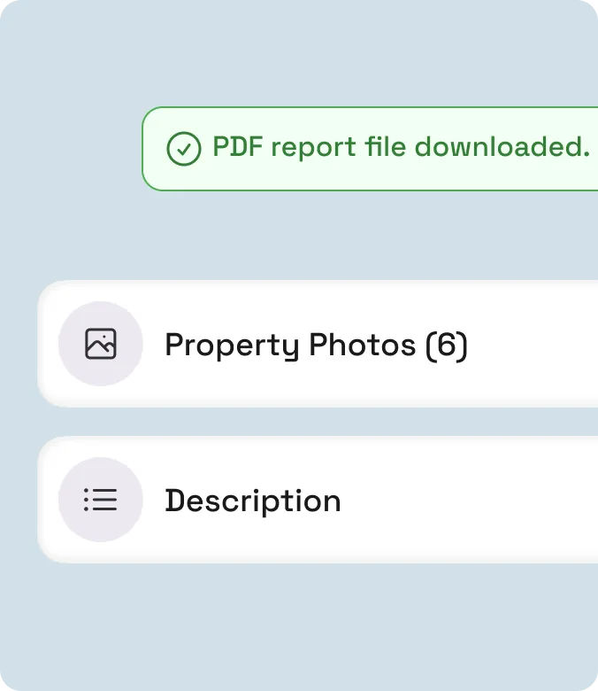 Confirmation that the PDF report file was downloaded, above the Property Photos and Description sections