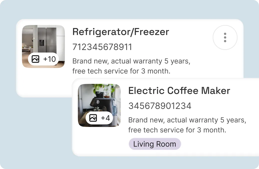 Appliance list with a refrigerator and a coffee maker, each with a serial number and warranty notes