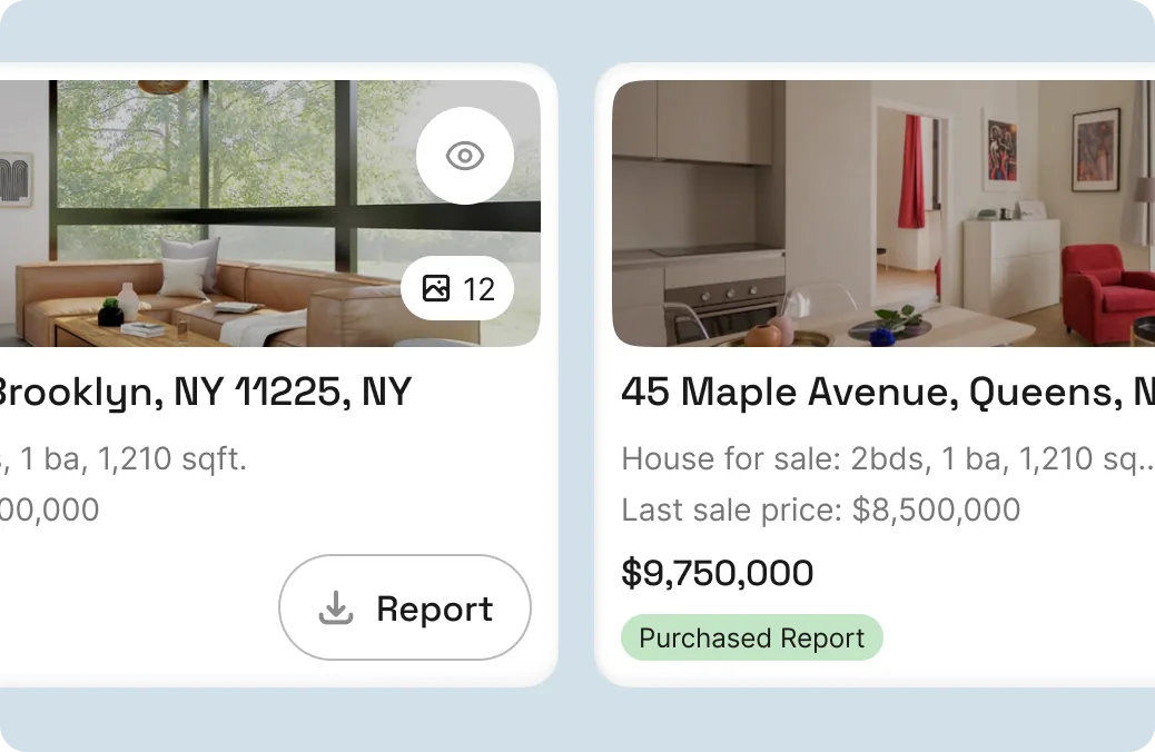 Two property cards side by side, each with photos, a price and a Purchased Report label