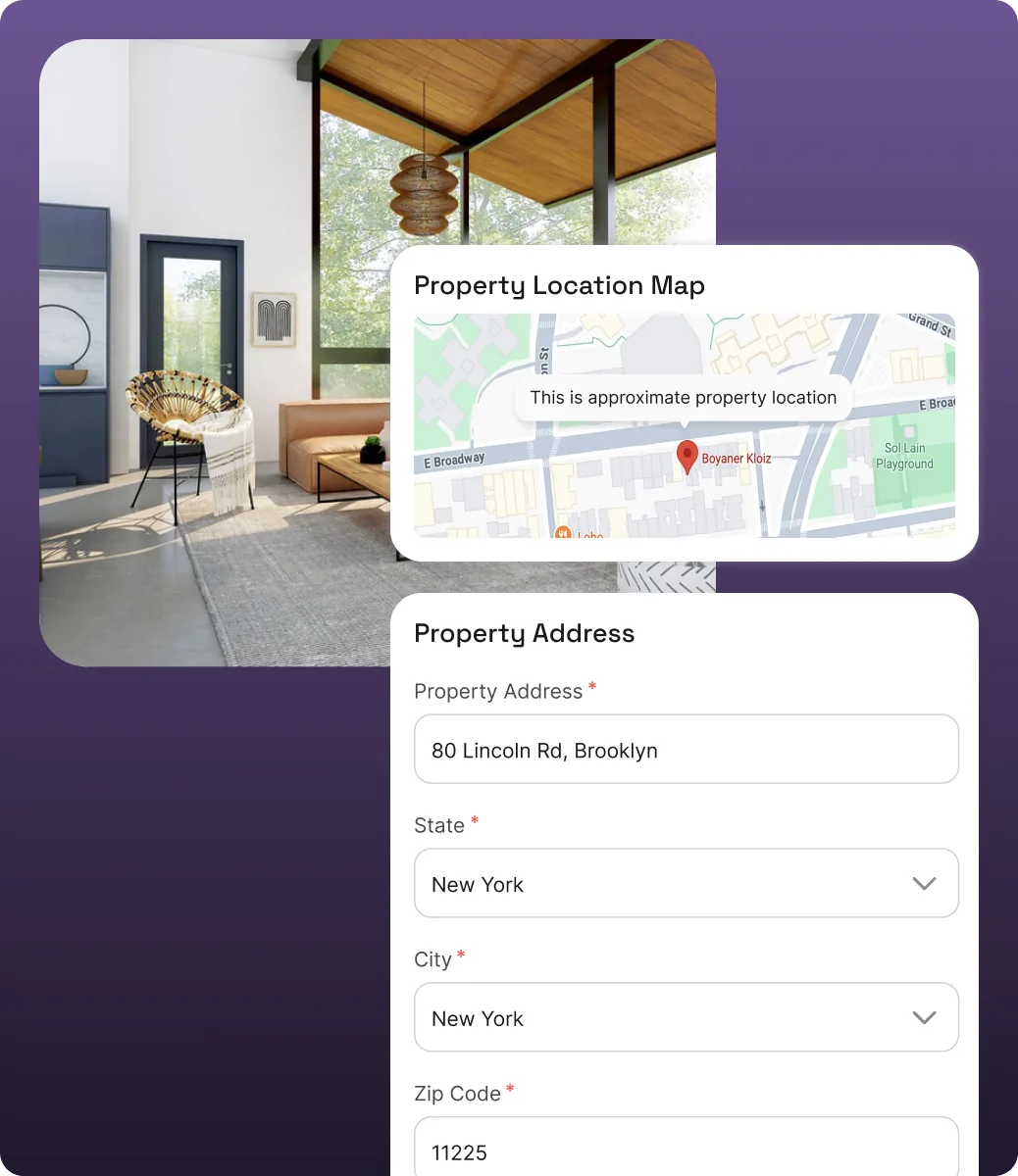 App screen with a property address form and a map pinning the property's location
