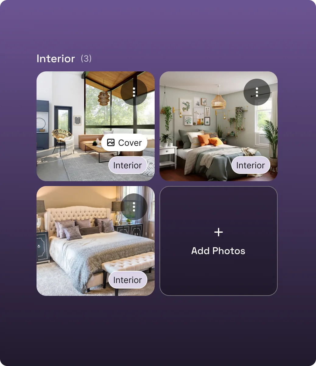 App screen with interior photos of a property and an Add Photos tile