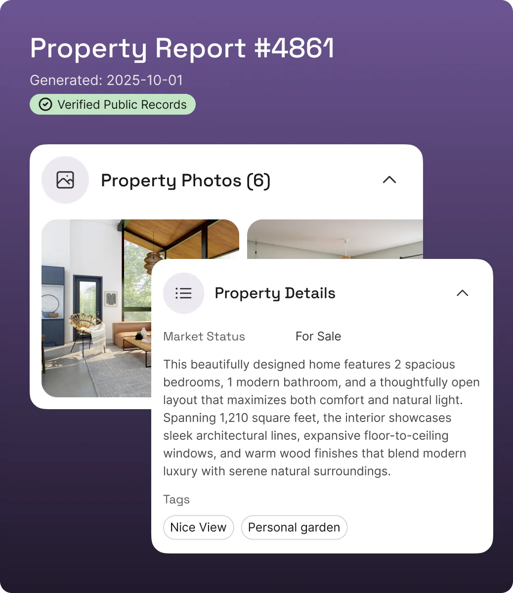 Property report screen with photos, property details and a Verified Public Records badge