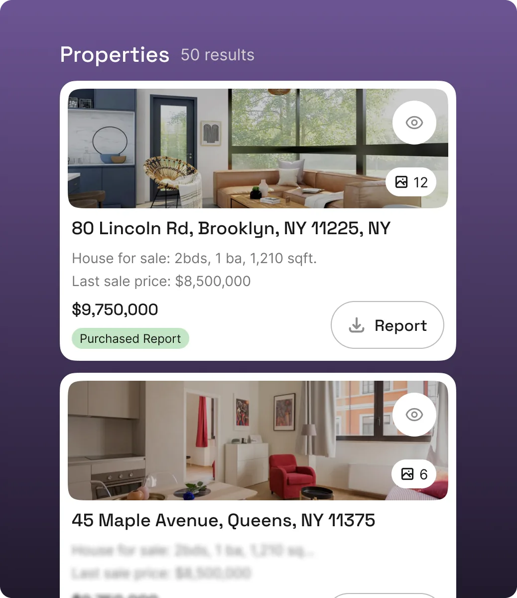 Properties list with two listings, each showing photos, a price and a Report download button